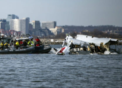 In this image provided by the U.S. Coast Guard, wreckage is seen in the Potomac River near Ronald Reagan Washington National Airport, Thursday, Jan. 30, 2025 in Washington. (Petty Officer 2nd Class Taylor Bacon, U.S. Coast Guard via AP)